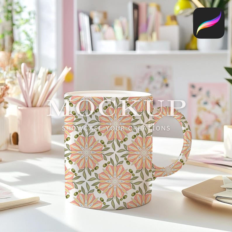 Mockup de caneca estética para escritório em casa para Procreate, cena de ambiente de trabalho aconchegante e estilosa, download de mockup digital com padrão uniforme para exibição de produtos imagem 4