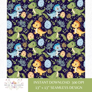 May include: A seamless pattern featuring cartoon dinosaurs in various colors, including green, blue, and yellow, on a dark purple background. The dinosaurs are surrounded by green leaves and brown eggs.
