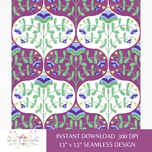Whimsical Ogee Floral Seamless Pattern | Purple & Green Retro Folk Botanical Vines Bold Vibrant Design Design for Sublimation, Crafts PNG