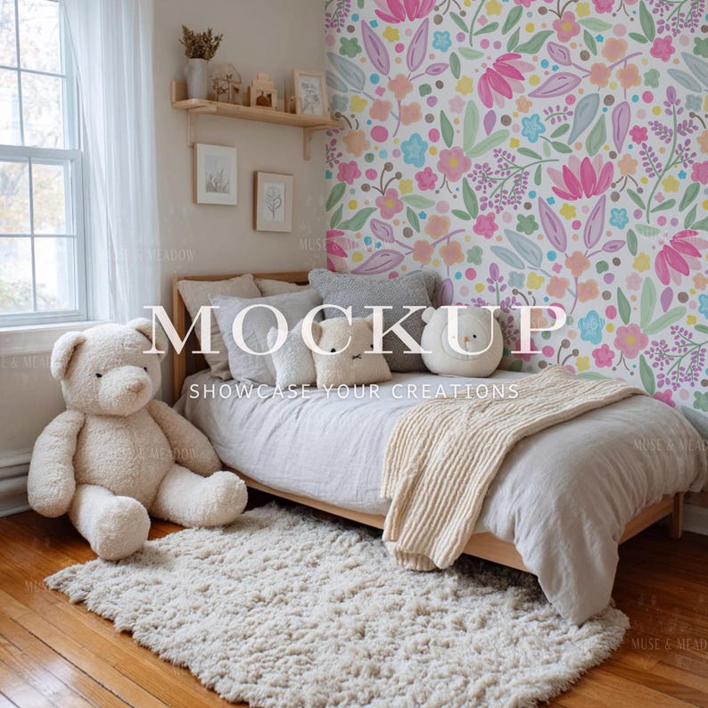 May include: A mockup of a bedroom scene with a bed, rug, and teddy bear. The bed has a light-colored blanket and pillows. A large teddy bear sits on the floor next to the bed. The wall has a floral wallpaper design. The text "MOCKUP" and "SHOWCASE YOUR CREATIONS" are visible.