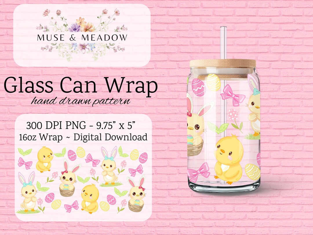 Easter Bunny & Chick Cartoon Glass Can Wrap PNG Pastel Spring Egg ...