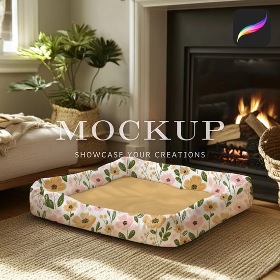 Pet Bed Mockup for Procreate, Cozy Dog Bed Mockup, Cat Bed Design Digital Mockup, Fireplace Scene Pet Product Showcase Seamless Pattern
