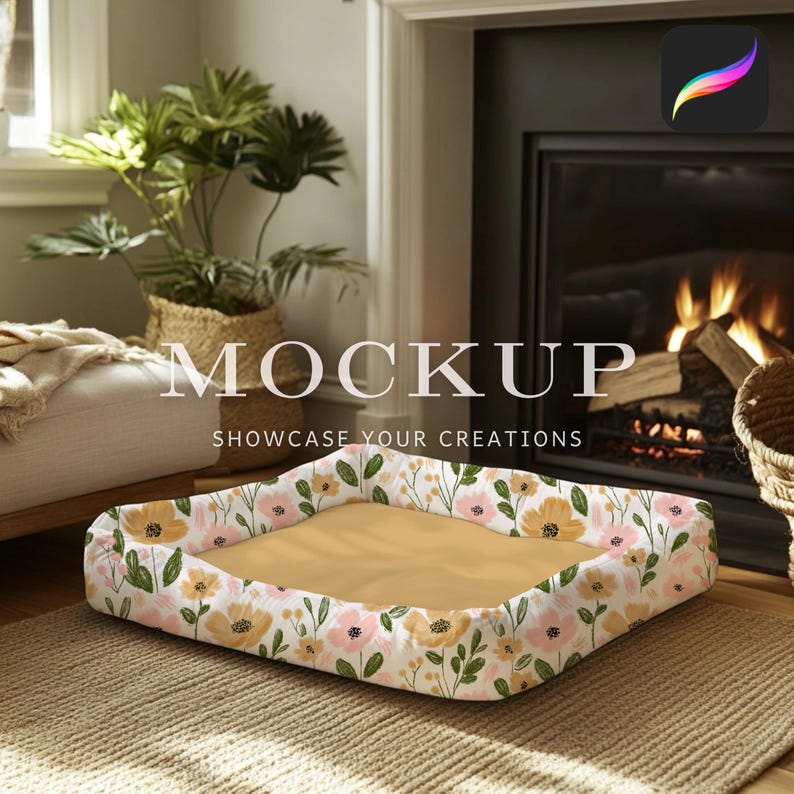 May include: A beige dog bed with a floral pattern featuring pink and yellow flowers on a white background. The bed is sitting on a light brown rug in front of a fireplace.