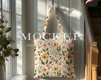 Quilted Tote Bag Procreate Mockup, Natural Light Shiplap Walls Home Decor Mockup, Realistic Texture and Shadow Digital Mockup Download