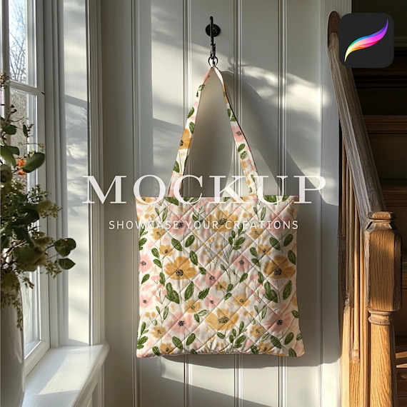 Quilted Tote Bag Procreate Mockup, Natural Light Shiplap Walls Home Decor Mockup, Realistic Texture and Shadow Digital Mockup Download