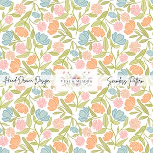 May include: A seamless pattern featuring a repeating design of hand-drawn flowers in shades of blue, pink, orange, and green on a white background. The text "Hand-Drawn Design" and "Seamless Pattern" are visible in the image.