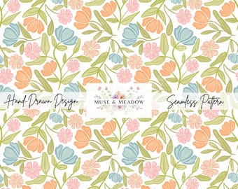 Spring Floral Hand-Drawn Seamless Pattern Peach, Pink, Blue & Green, Botanical Repeat Pattern, Endless Pattern Sublimation Summer Vibe PNG