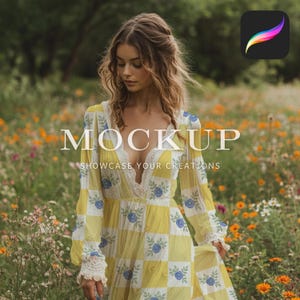 May include: A woman in a yellow and white checkered dress with blue floral accents stands in a field of wildflowers. The text "MOCKUP SHOWCASE YOUR CREATIONS" is superimposed on the image.