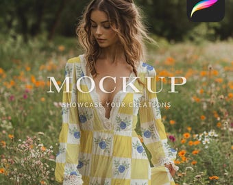 Procreate Dress Mockup | Long Flowing Lace Dress Mockup | Procreate Woman Mockup | Digital Mockup for Artists Wildflower Field Dress Mockup