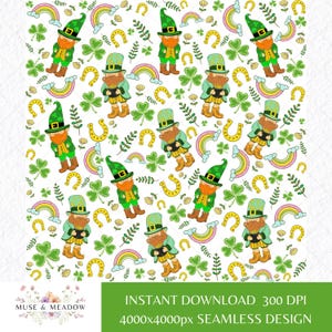 Lucky Irish St Patrick’s Day Gnome Leprechaun Clover Glitter Rainbow Pot of Gold Shamrock Background Digital Paper Seamless Repeat Pattern