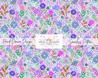 Whimsical Bright Floral Pink Purple Seamless Repeat Pattern Hand Drawn Playful Pretty Spring Flowers Design PNG Sublimation Cheerful Summer