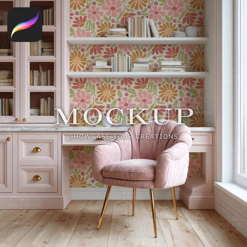 May include: A pink home office mockup featuring a desk, chair, and built-in shelving. The chair has gold legs and a velvet seat. The wallpaper has a floral pattern. The text "MOCKUP" and "SHOWCASE YOUR CREATIONS" are visible.