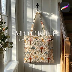 Quilted Tote Bag Procreate Mockup, Natural Light Shiplap Walls Home Decor Mockup, Realistic Texture and Shadow Digital Mockup Download image 3
