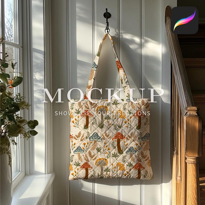 Quilted Tote Bag Procreate Mockup, Natural Light Shiplap Walls Home Decor Mockup, Realistic Texture and Shadow Digital Mockup Download image 3