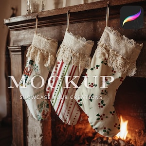 May include: Three Christmas stockings with lace trim hang from a wooden mantel. The stockings feature festive designs: a nutcracker, red and green stripes, and holly berries. The word "MOCKUP" is displayed on the stockings.