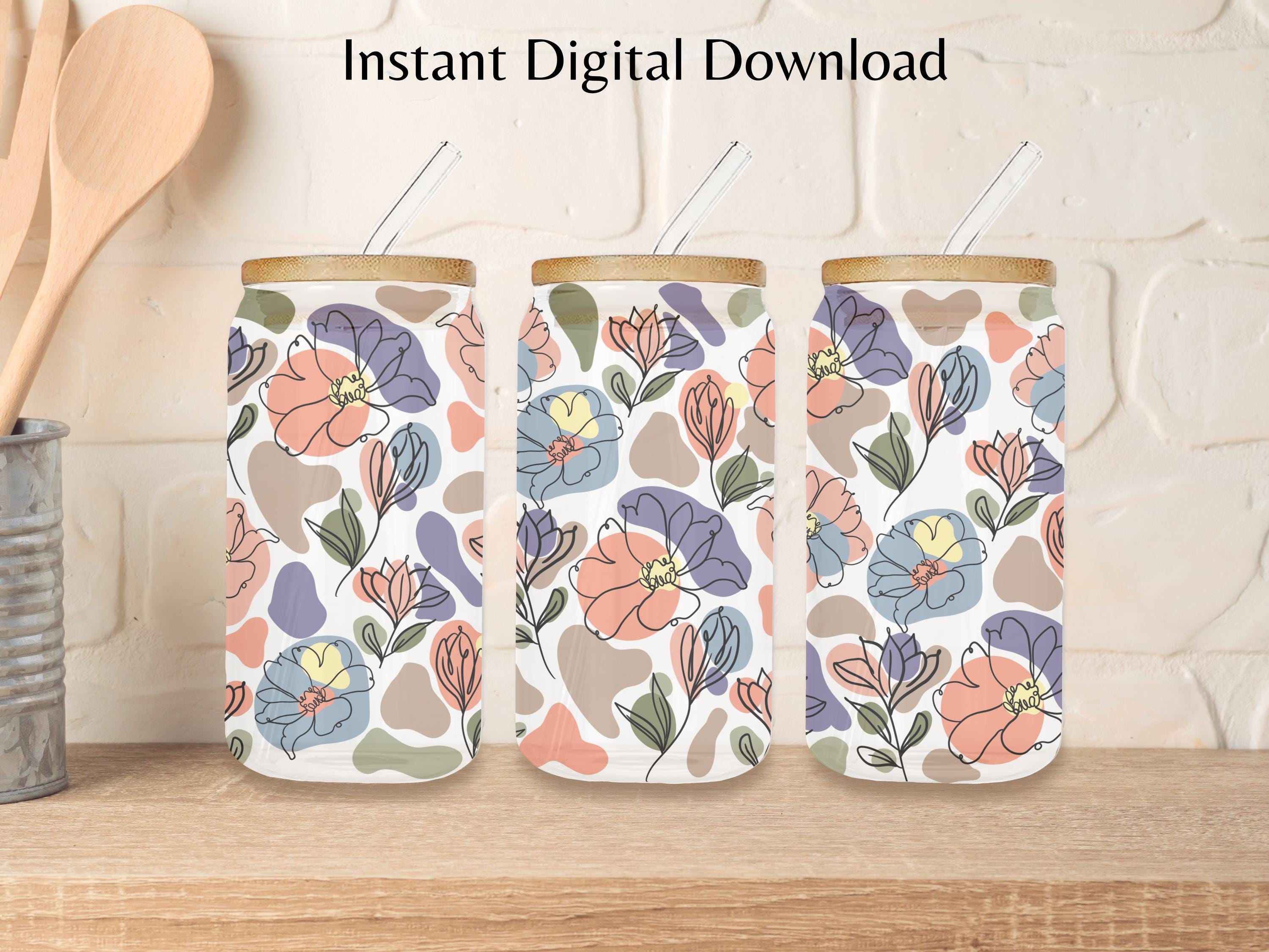 Boho Floral Glass Can Wrap PNG Flower Digital Design Sublimation Hand ...