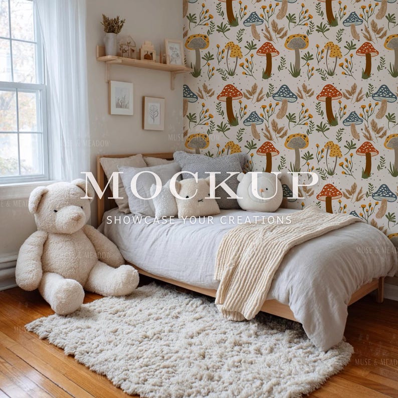 May include: A cozy bedroom scene featuring a wooden bed with light gray bedding, a cream-colored rug, and a large teddy bear. The wall is adorned with a whimsical mushroom pattern wallpaper. The text "MOCKUP SHOWCASE YOUR CREATIONS" is overlaid on the image.