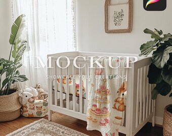 Kinderzimmer Baby Decke, Baby Bettlaken und Korb Mockup für Procreate, Boho Neutral Raum Digital Mockup Download Nahtloses Muster Display Mockup