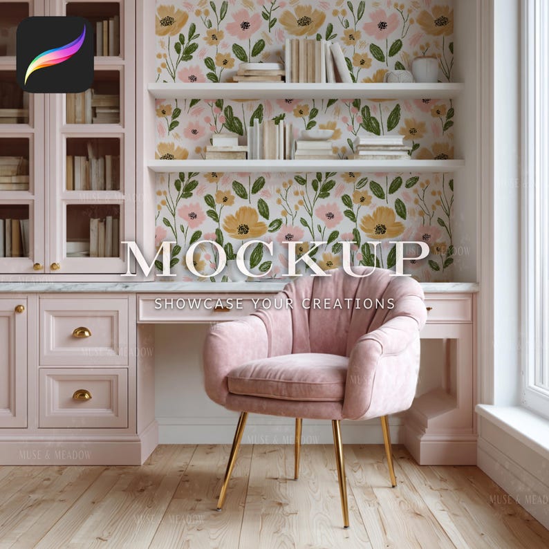 May include: A pink home office setup with a desk, chair, and built-in shelves. The chair has gold legs and a velvet seat. The shelves are filled with books, and the wallpaper has a floral pattern. The text "MOCKUP" and "SHOWCASE YOUR CREATIONS" are visible.