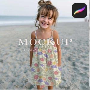 May include: A young child wearing a light green dress with a floral pattern of pink, purple, and yellow flowers. The dress has thin straps and a gathered bodice. The word "MOCKUP" is displayed in large white letters, with "SHOWCASE YOUR CREATIONS" below it.