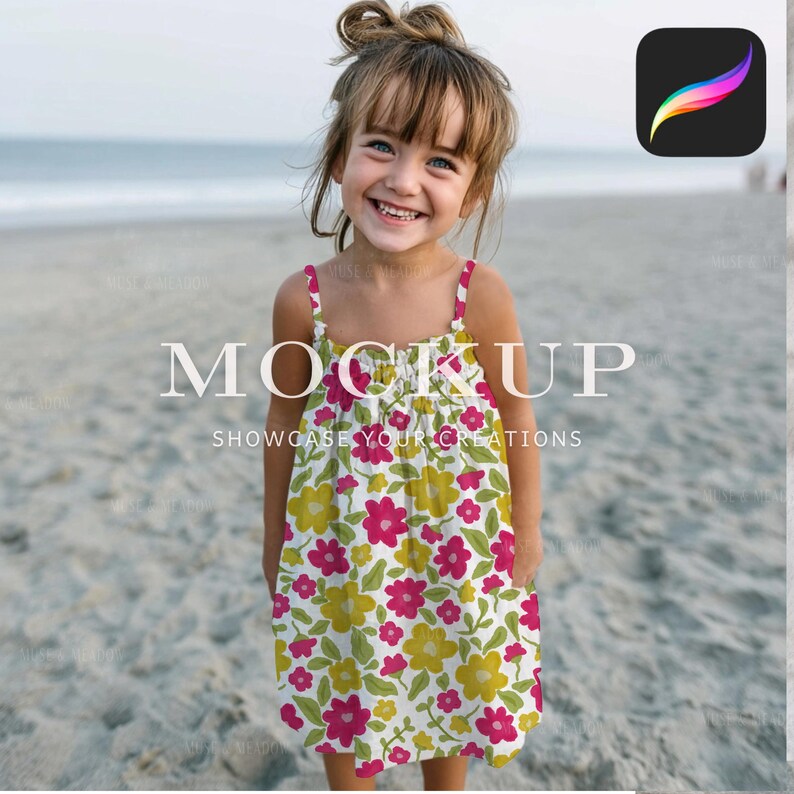 May include: A young girl wearing a white sundress with a floral pattern of pink and yellow flowers and green leaves. The dress has thin straps. The text "MOCK UP" and "SHOWCASE YOUR CREATIONS" are overlaid on the image.