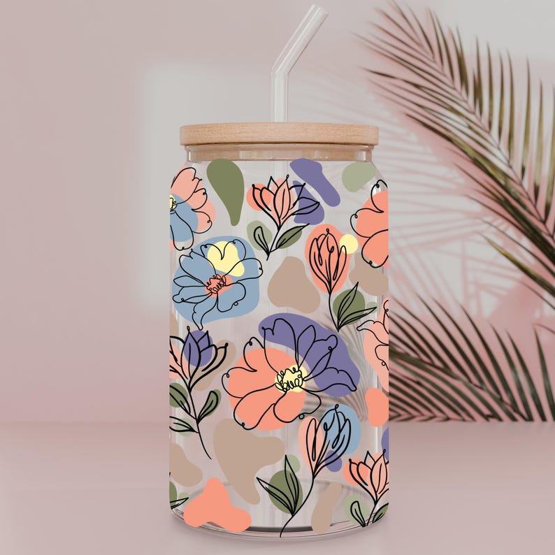 Boho Floral Glass Can Wrap PNG Flower Tumbler Digital Design ...