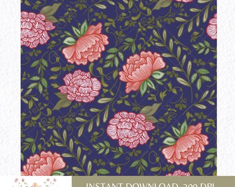 May include: A seamless digital paper pattern featuring pink peonies and green leaves on a dark blue background. The pattern is 13 inches by 13 inches and 300 DPI.