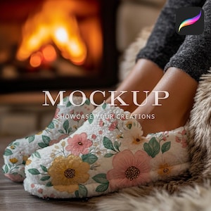Fuzzy tofflor Mockup för Procreate – Mysig öppen spis, varm och avkopplande digital mockup, mönsterdisplay, kläder, hemmockup