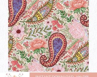 Pink Paisley Floral Pattern Digital Download for Fabric Wallpaper or Crafts Seamless Pattern Hand Drawn Sublimation Repeat Spring Summer PNG