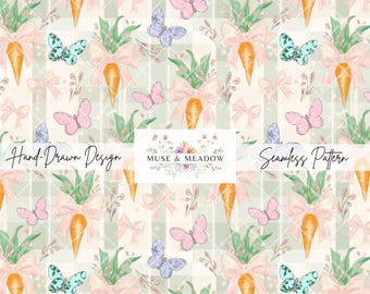 Easter Coquette Pastel Carrots and Bows Seamless Pattern Digital File Spring Butterfly Cottagecore Gingham Repeatable Design Sublimation PNG