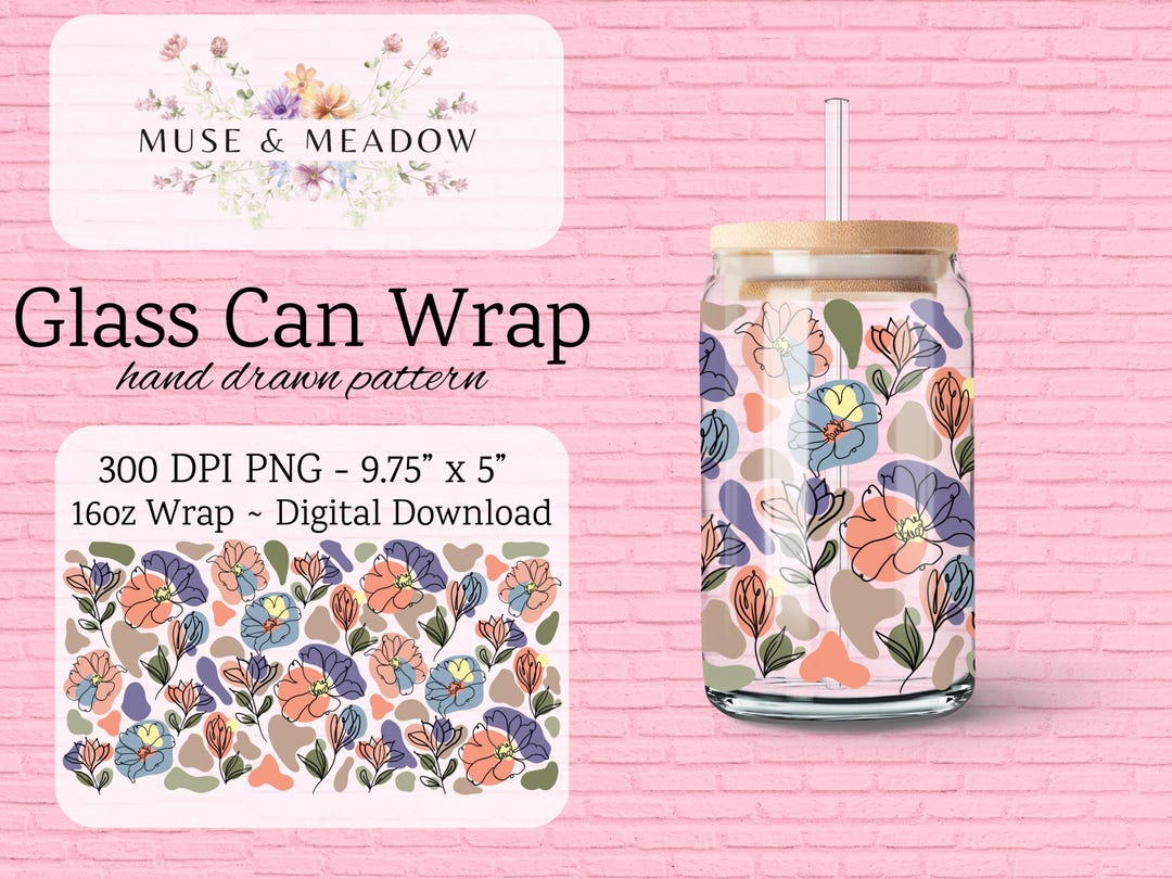 Boho Floral Glass Can Wrap PNG Flower Digital Design Sublimation Hand ...
