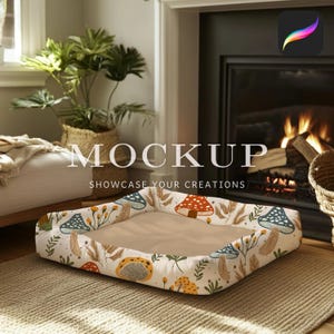 May include: A rectangular pet bed with a white background and a colorful mushroom pattern. The bed is filled with a brown cushion and has a white border.