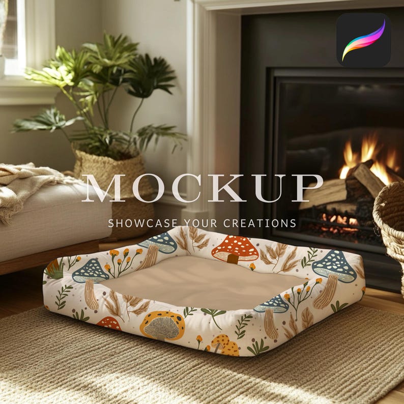 May include: A rectangular pet bed with a white background and a colorful mushroom pattern. The bed is filled with a brown cushion and has a white border.