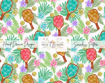 Tropical Pickleball Fun Vibrant Floral Game Day Sports Seamless Pattern PNG, Repeatable Digital Paper, Dink Pickle On Backspin Summer Rally