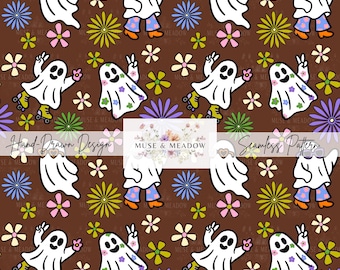 Groovy Ghost Seamless Pattern Retro Halloween Floral Ghosts, Roller Skates, Peace Signs, Flower Power Digital Paper, Brown Background Fall