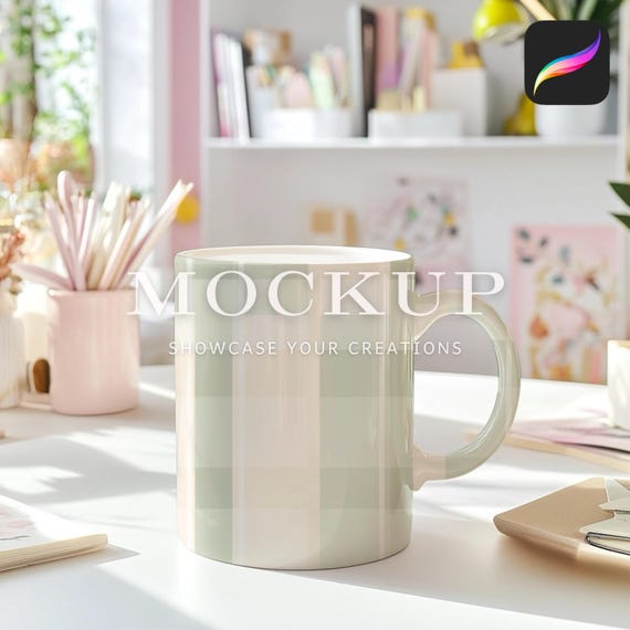 Aesthetic Home Office Mug Mockup for Procreate, Stylish Cozy Workspace Scene Digital Mockup Download Seamless Pattern Product Display