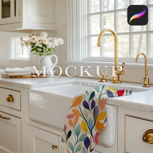 Mockup för lantlig kökshandduk för Procreate, realistisk digital mockup för nedladdning, sömlöst mönster för produktdisplay, elegant neutral estetik