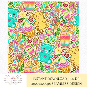 May include: A seamless pattern featuring colorful teddy bears, cupcakes, lollipops, and hearts on a light yellow background. The pattern is perfect for crafting projects, scrapbooking, and digital design.