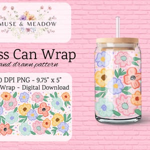 Fröhliche Frühlings-Blumen 16oz Glasdosen wickeln PNG bunte Aquarell-Blumen-Digital-Design-Sublimation-Hand gezeichneter transparenter Hintergrund ein