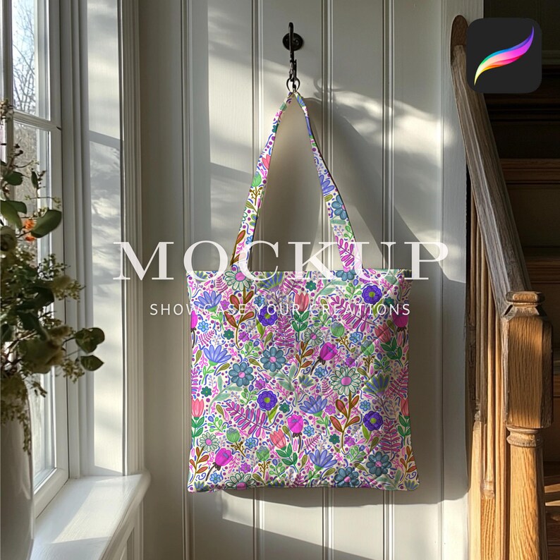 Quilted Tote Bag Procreate Mockup, Natural Light Shiplap Walls Home Decor Mockup, Realistic Texture and Shadow Digital Mockup Download image 5