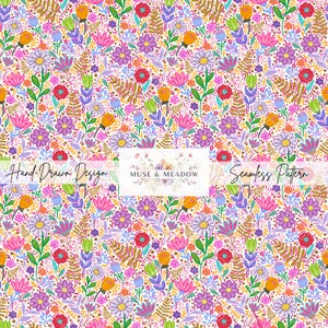 Whimsical Bright Floral Seamless Pattern Hand Drawn Playful Spring Flowers Repeat Design Repeating Pattern PNG Sublimation Cheerful Summer