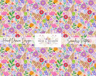 Whimsical Bright Floral Seamless Pattern Hand Drawn Playful Spring Flowers Repeat Design Repeating Pattern PNG Sublimation Cheerful Summer