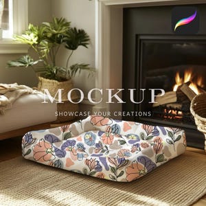 Pet Bed Mockup for Procreate, Cozy Dog Bed Mockup, Cat Bed Design Digital Mockup, Fireplace Scene Pet Product Showcase Seamless Pattern image 3