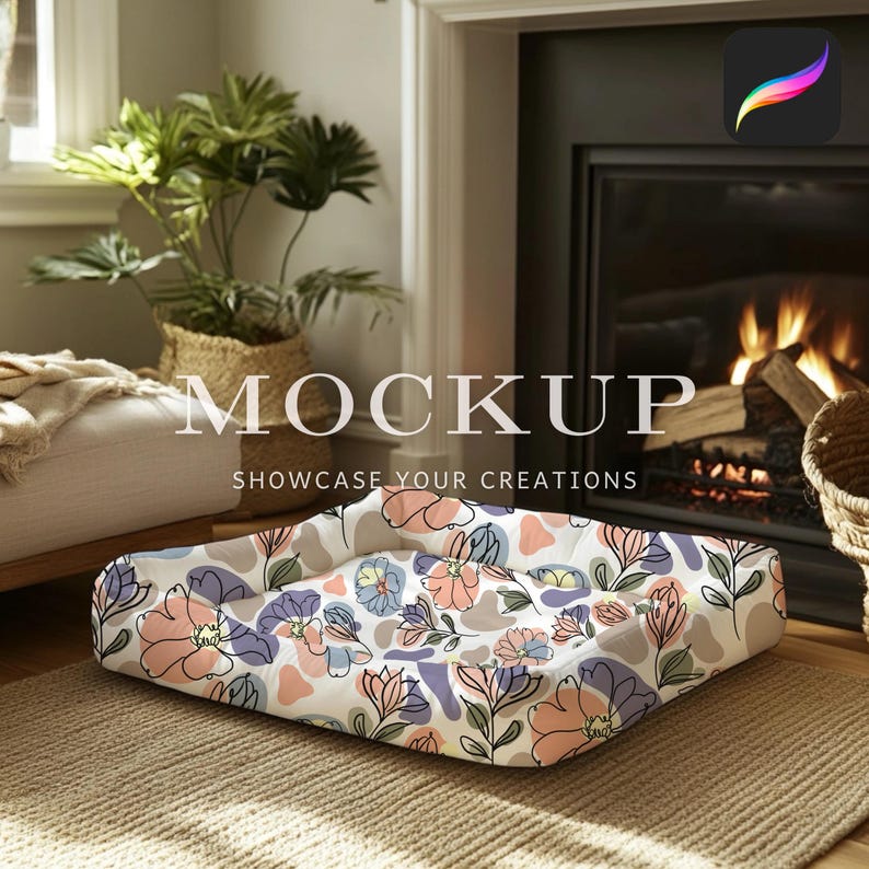 Pet Bed Mockup for Procreate, Cozy Dog Bed Mockup, Cat Bed Design Digital Mockup, Fireplace Scene Pet Product Showcase Seamless Pattern image 3