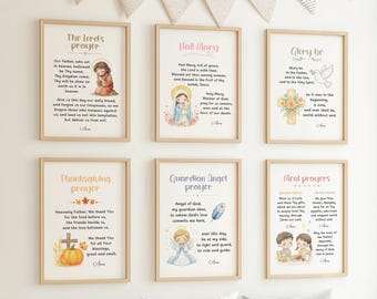 Set of 6 Prayers for Kids Catholic wall art, The Lord's prayer, Hail Mary prayer, Guardian Angel prayer, Catholic prayer printables