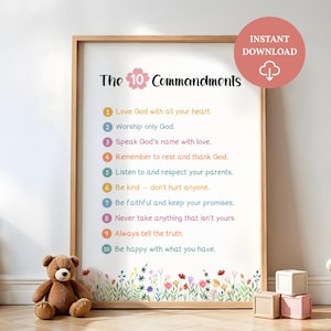 Póster bíblico de Los 10 mandamientos para niños, impresión artística bíblica, arte mural cristiano, decoración de pared para guardería, versículo bíblico para guardería