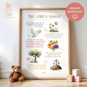 May include: A framed print featuring "The Lord's Prayer" with colorful illustrations of a dove, flowers, bread, grapes, a tree, and crosses. The text is in a whimsical font, and the print is labeled "Instant Download."