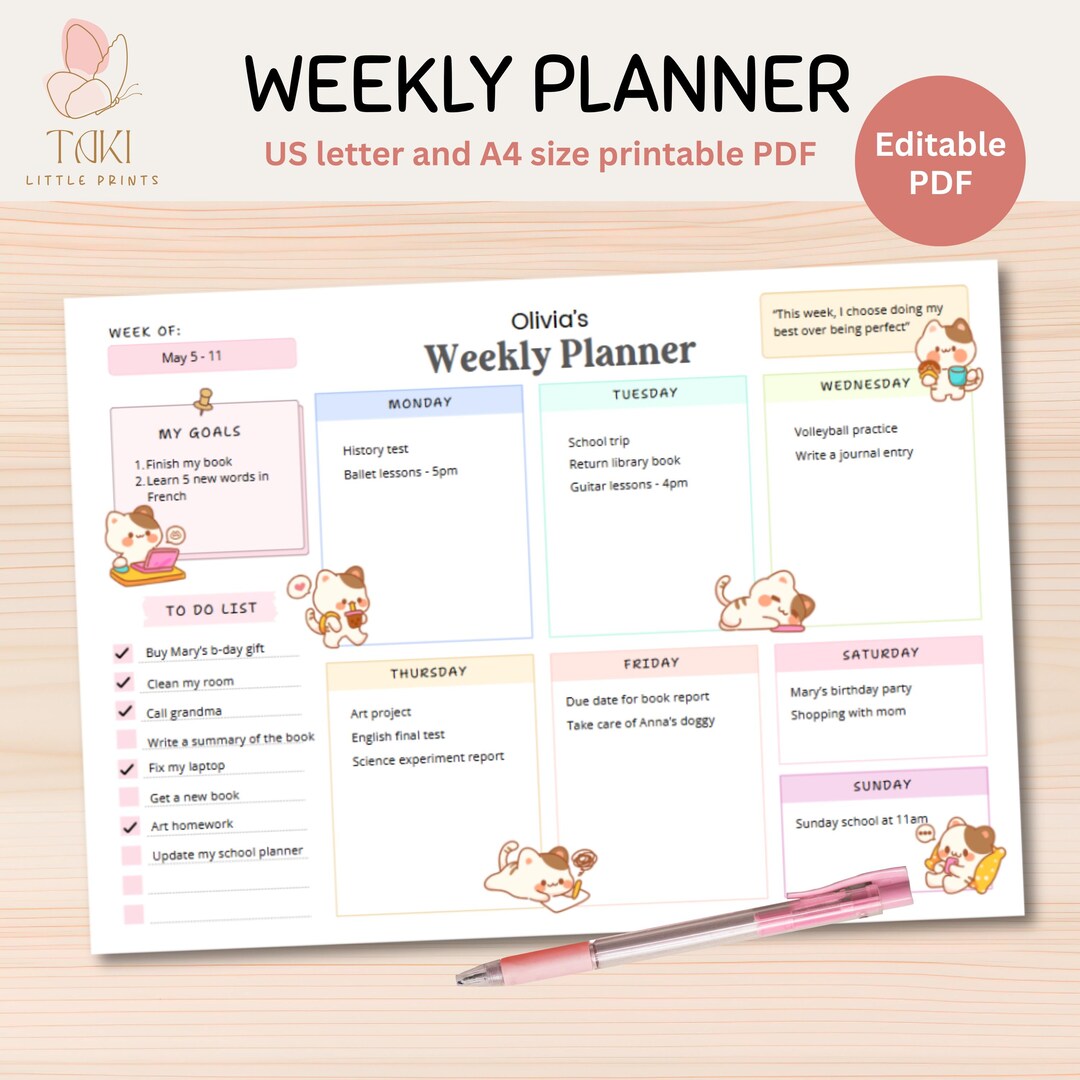 Cute Planner Editable Weekly Schedule for Kids Weekly Planner Prints ...