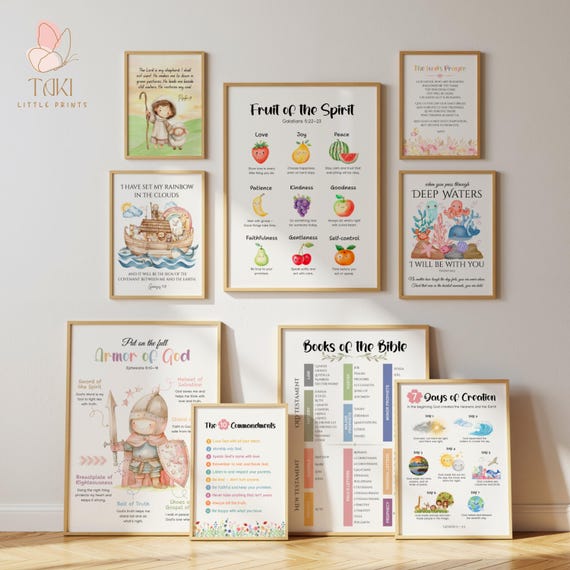 Set of 9 Kids Christian wall print Armor of God Fruit of the Spirit Scripture Poster Bible Art Print Christian Poster Sunday school kids