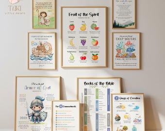 May include: A collection of framed art prints with religious themes. The prints feature illustrations of Bible stories, the Fruit of the Spirit, and the Ten Commandments. The color palette includes soft blues, greens, and browns, with gold frames.